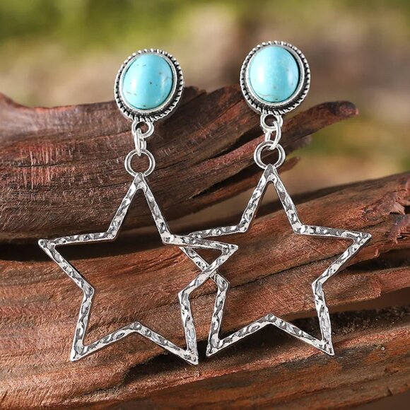 NEW Texas Hammered Silver Lone Star and Turquoise Stone Drop Earrings - Picture 2 of 5